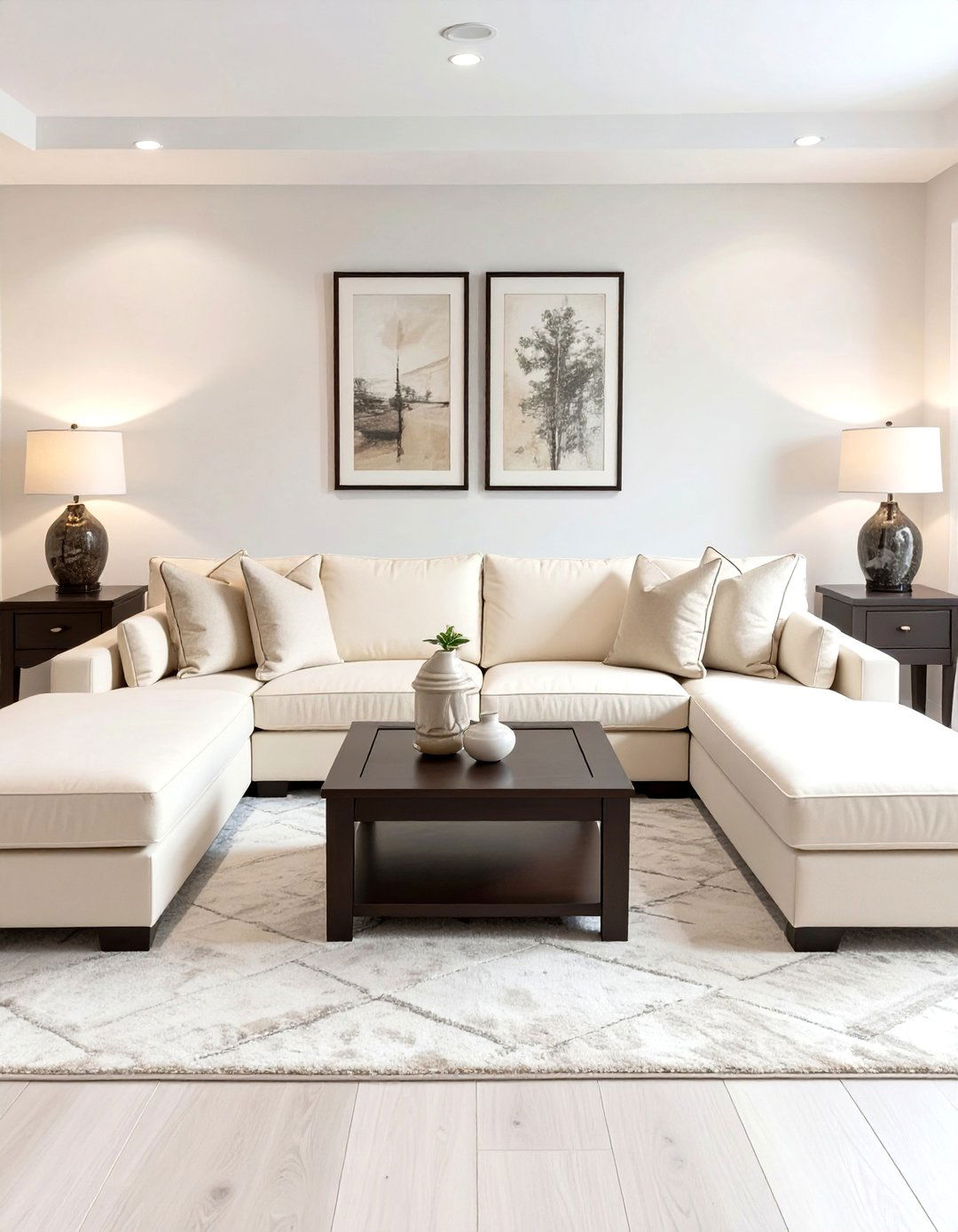 Symmetrical Sectional Layout with a Central Coffee Table - 30 small living room sectional layout ideas