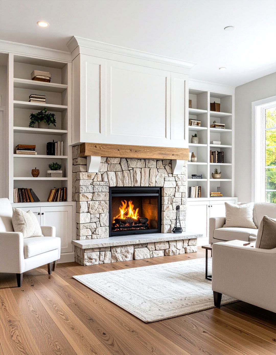 Symmetrical Stone Fireplace with Built Ins - 30 living room stone fireplace ideas