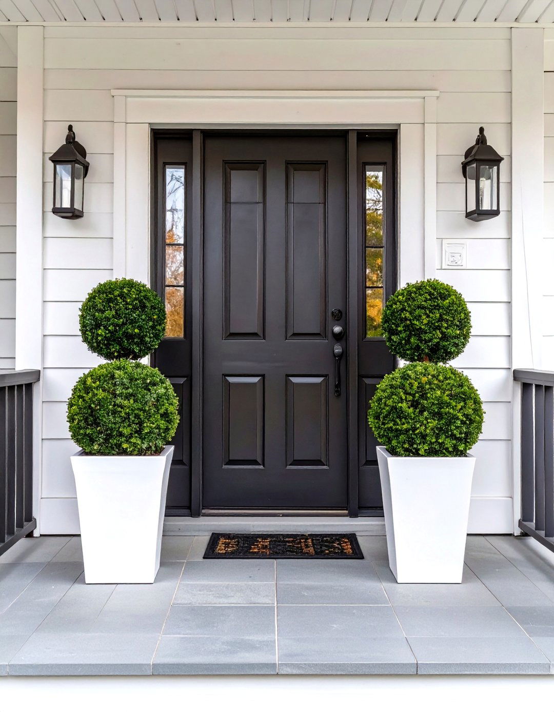 Symmetrical Topiaries - 30 very small front porch decorating ideas