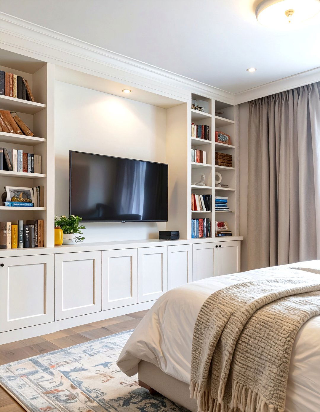 TV Flanked by Tall Bookshelves - 30 tv in bedroom ideas