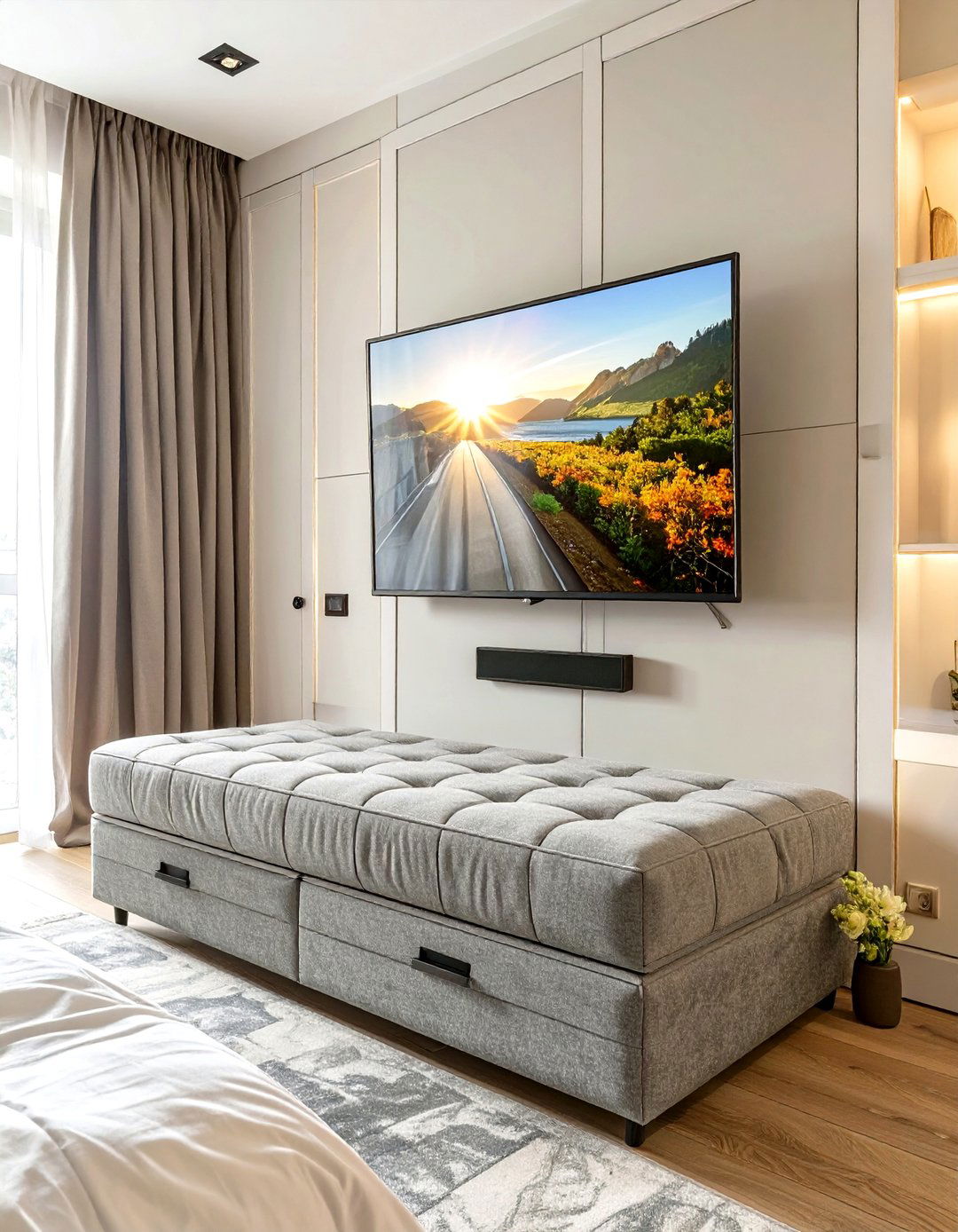 TV Inside a Foot of the Bed Bench - 30 tv in bedroom ideas