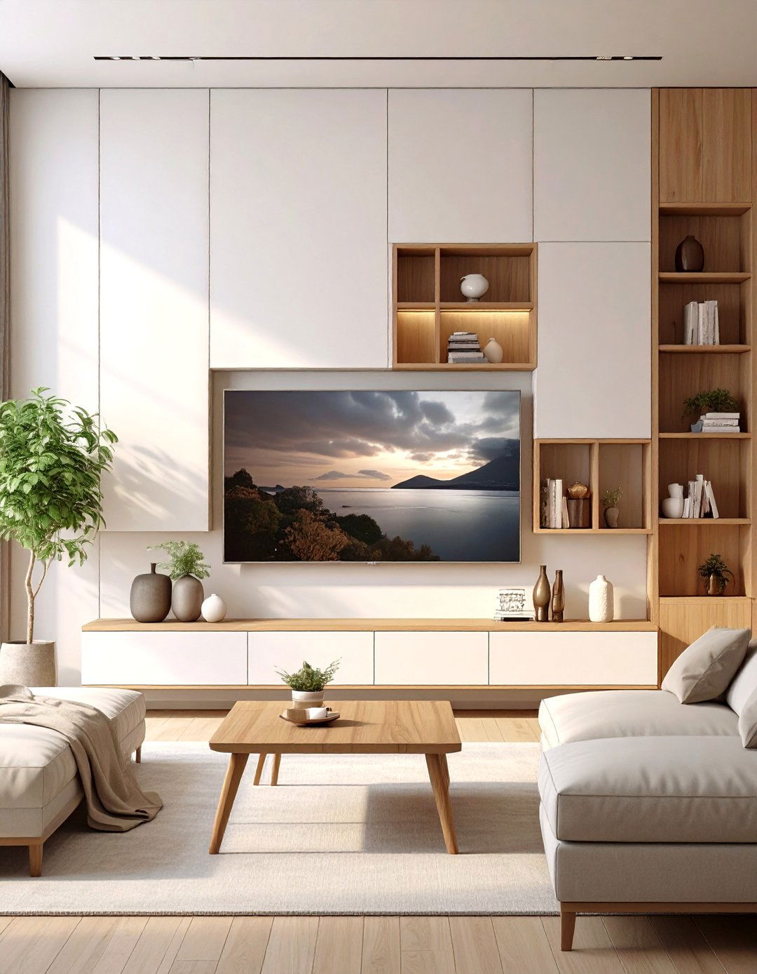 TV Integrated into an Asymmetrical Wall Unit - 30 simple small living room ideas with tv