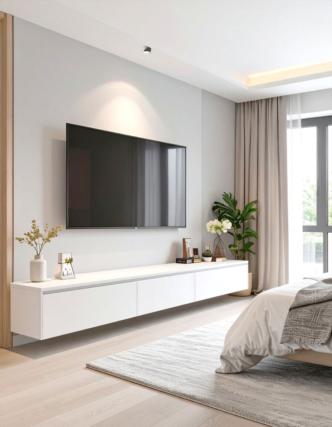 TV Mounted Above a Low Console - 30 tv in bedroom ideas