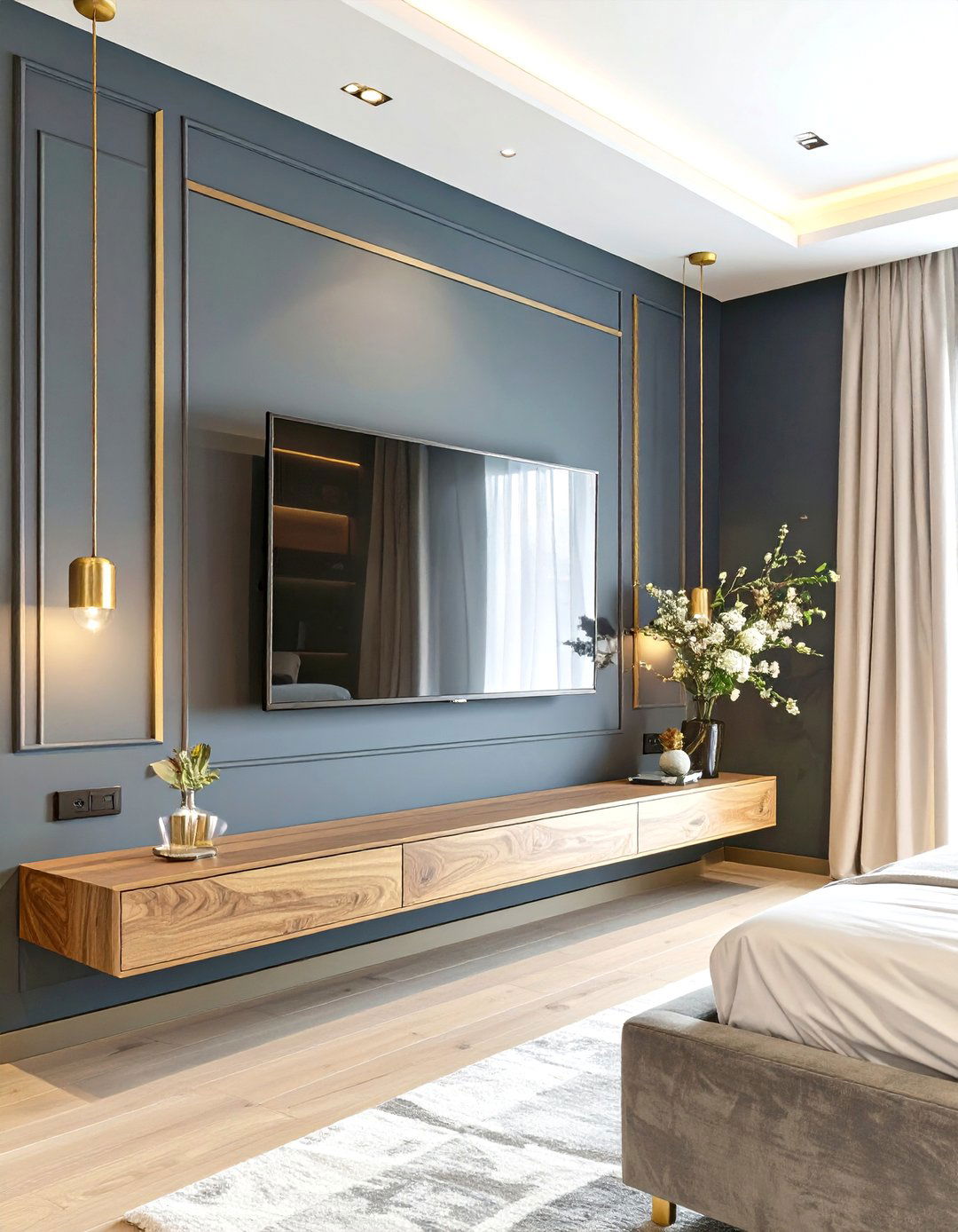 TV Mounted on a Dark Accent Wall - 30 tv in bedroom ideas