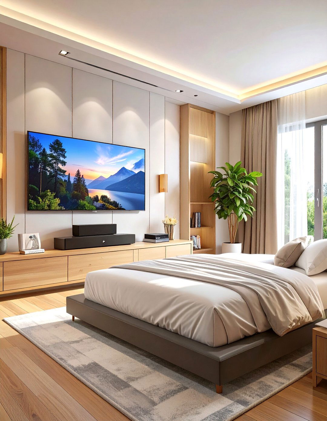 TV Paired with a Soundbar - 30 tv in bedroom ideas