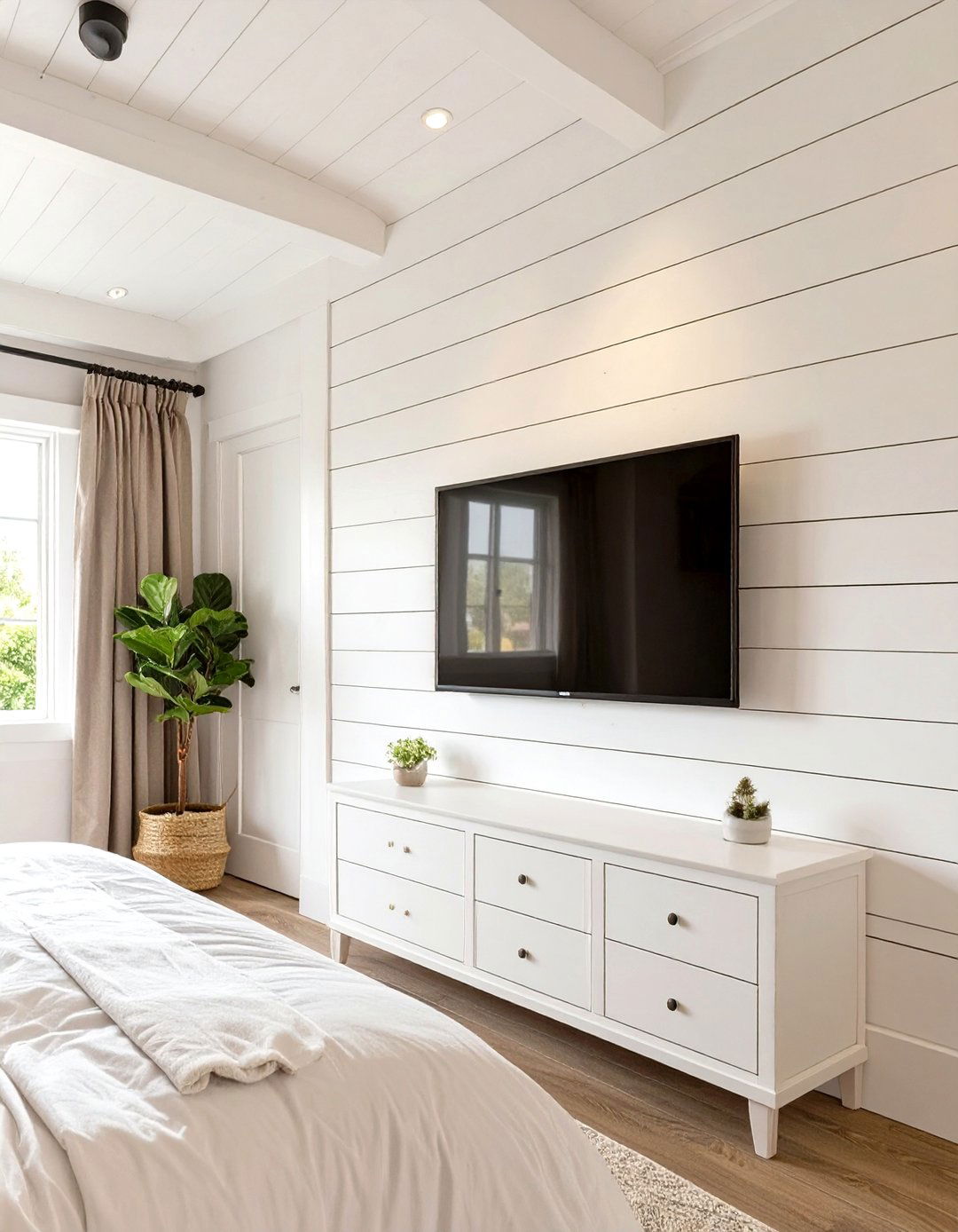 TV Set Against a Textured Wall - 30 tv in bedroom ideas