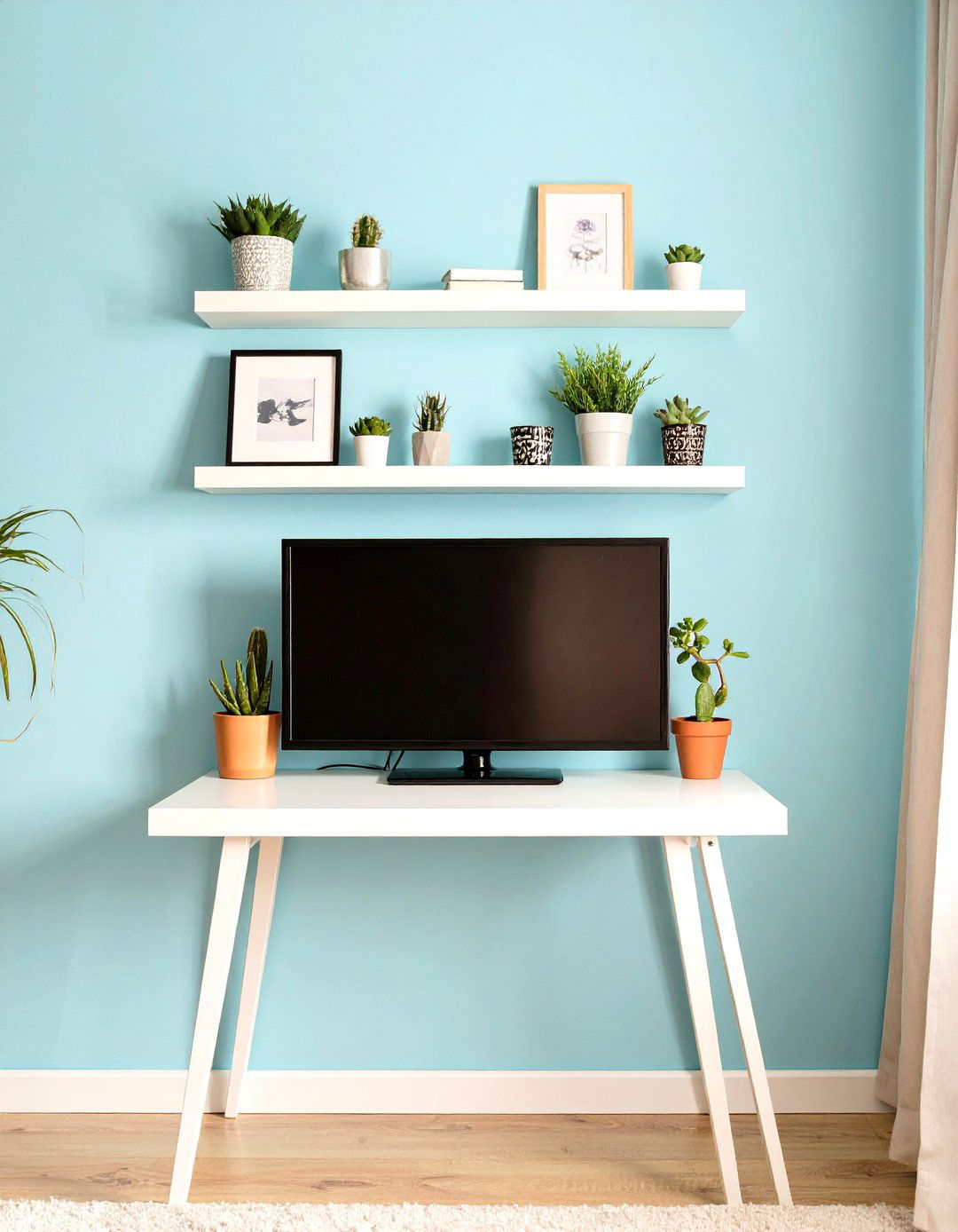 TV Set on a Compact Leaning Desk - 30 simple small living room ideas with tv