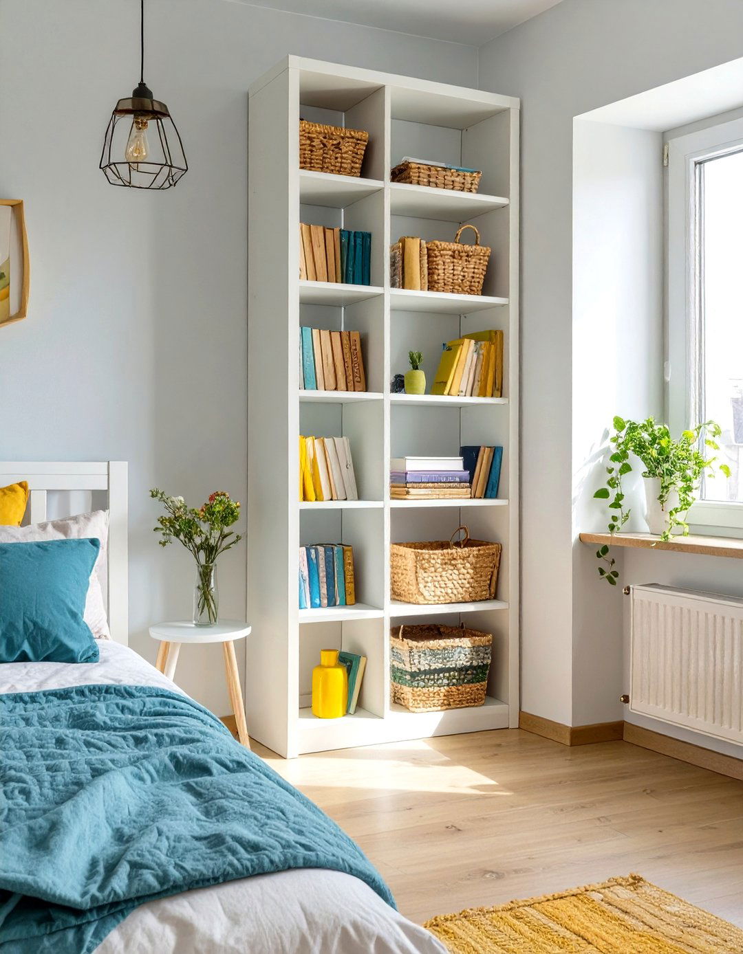 Tall Narrow Bookshelves for Vertical Storage - 30 small apartment bedroom ideas