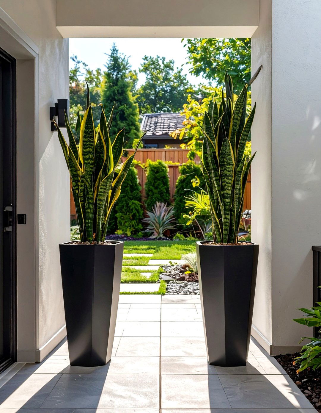 Tall Slender Planters for Vertical Interest - 30 small backyard landscaping ideas