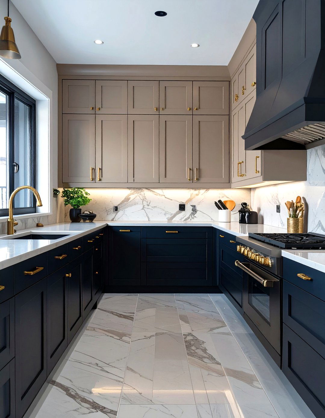 Taupe Uppers with Black Lower Cabinets - 30 two tone painted kitchen cabinet ideas