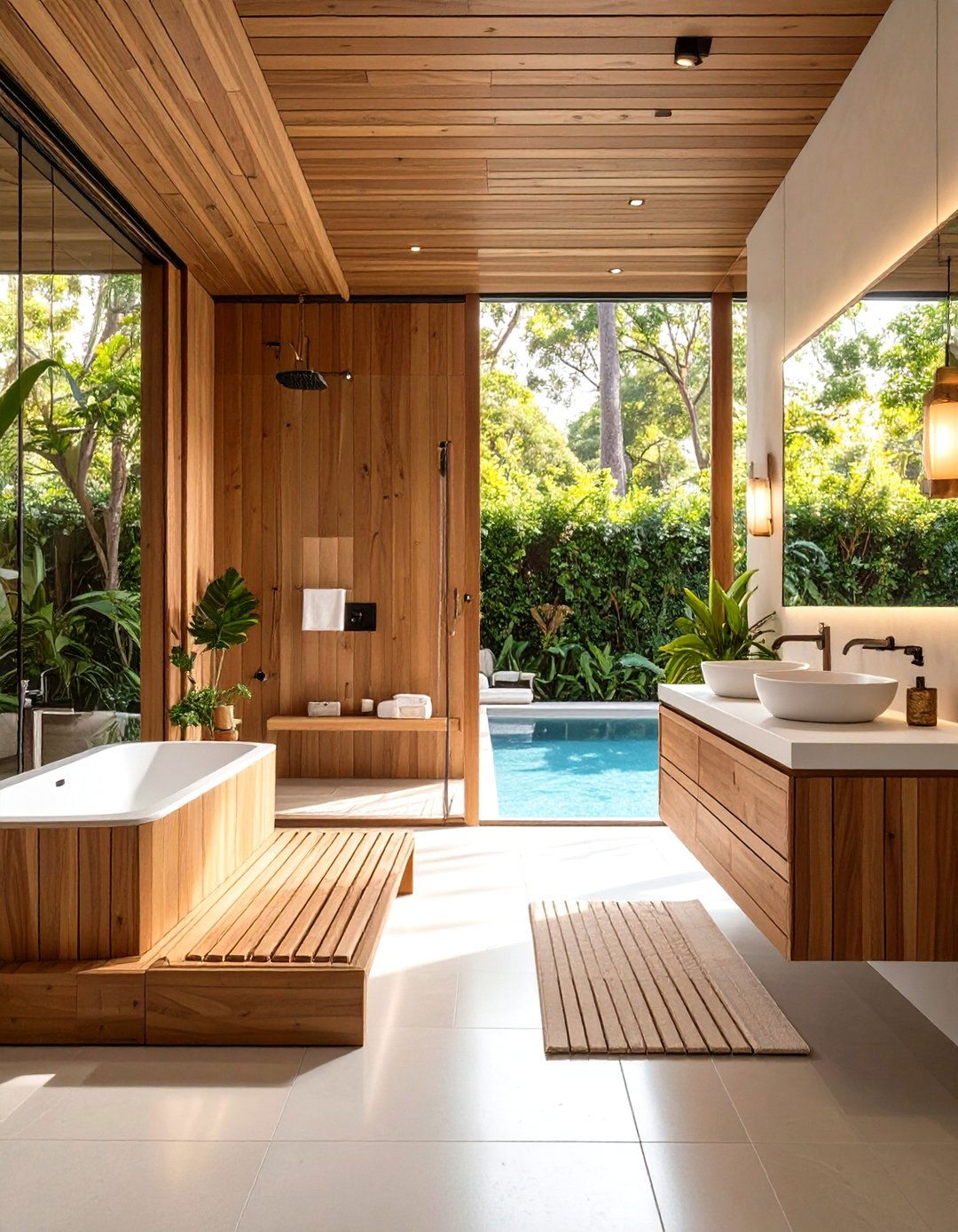 Teak Wood Accents - 30 pool bathroom ideas