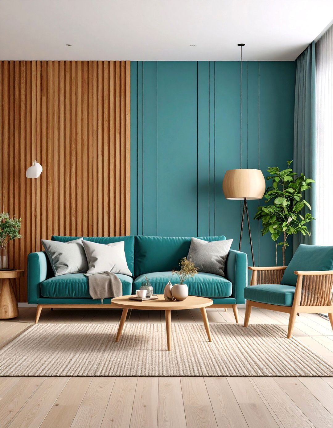 Teal Blue Accent Wall with Wood Slats - 30 accent wall color ideas