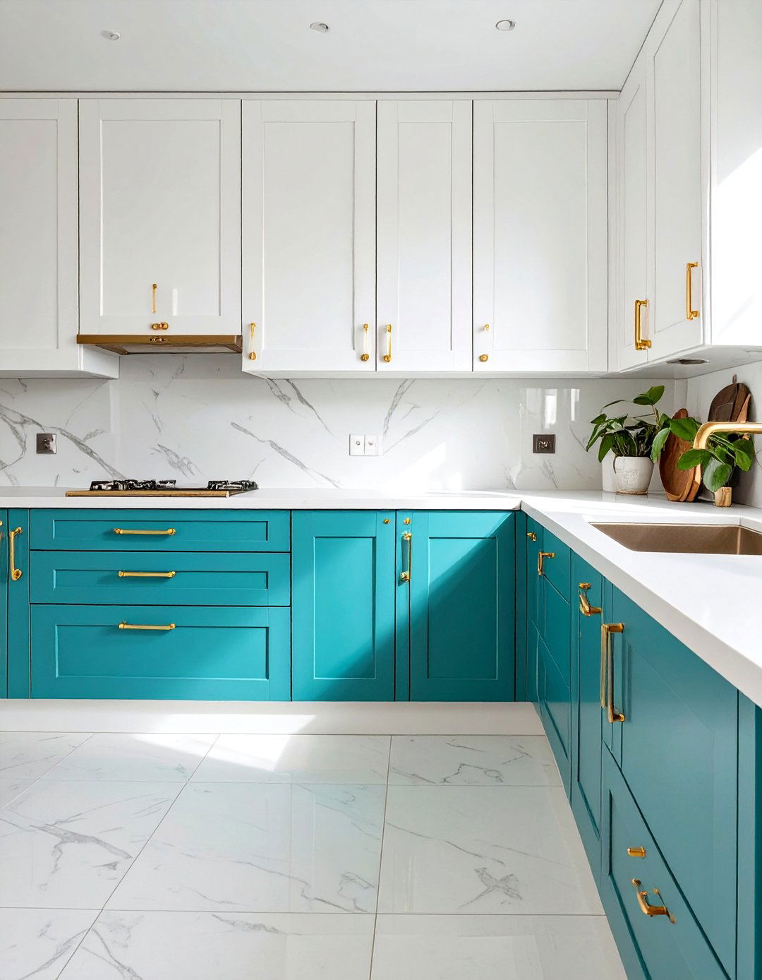 Teal Lower Cabinets with White Uppers and Gold Hardware - 30 two tone kitchen cabinet ideas