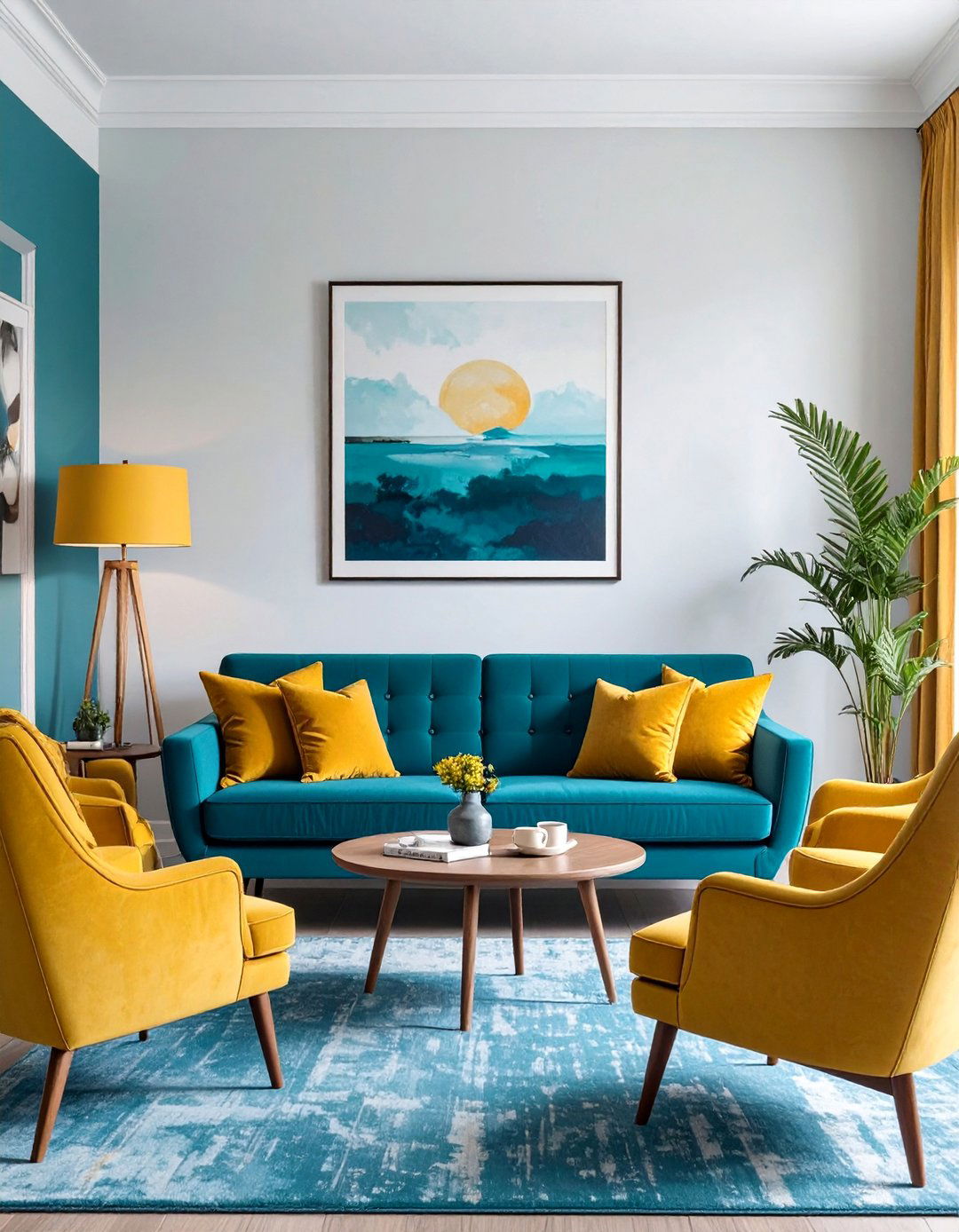Teal and Mustard Living Room - 30 blue couch living room ideas