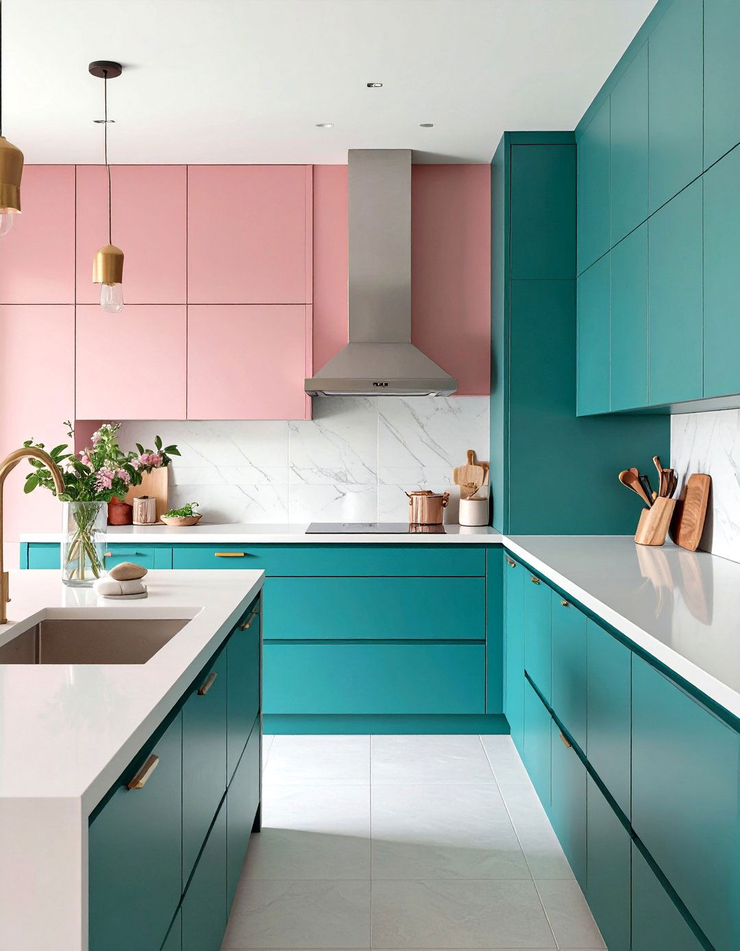 Teal and Pink Color Block Kitchen - 30 colorful kitchen ideas