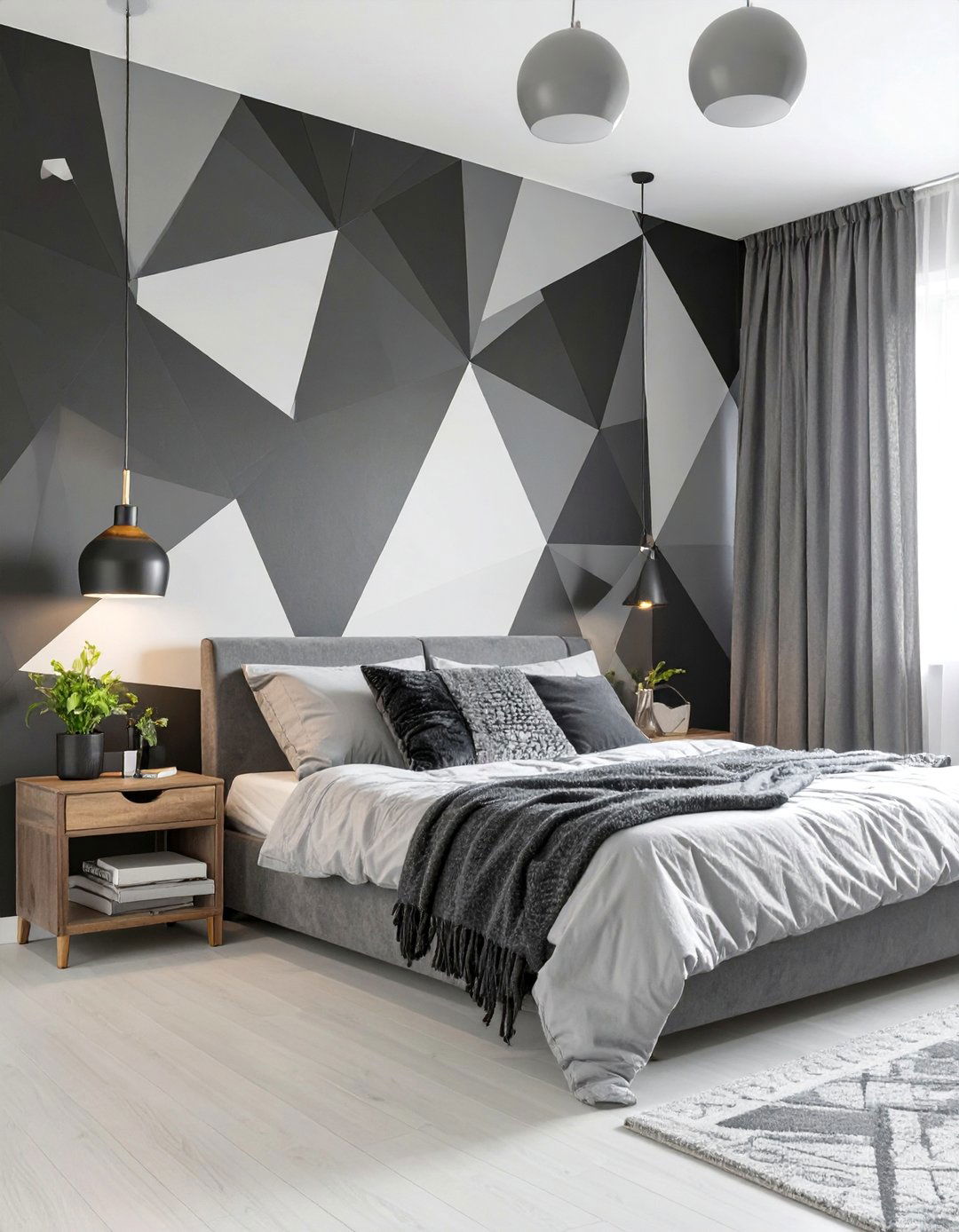 Teens Room with a Black Geometric Mural Wall - 30 black accent wall ideas