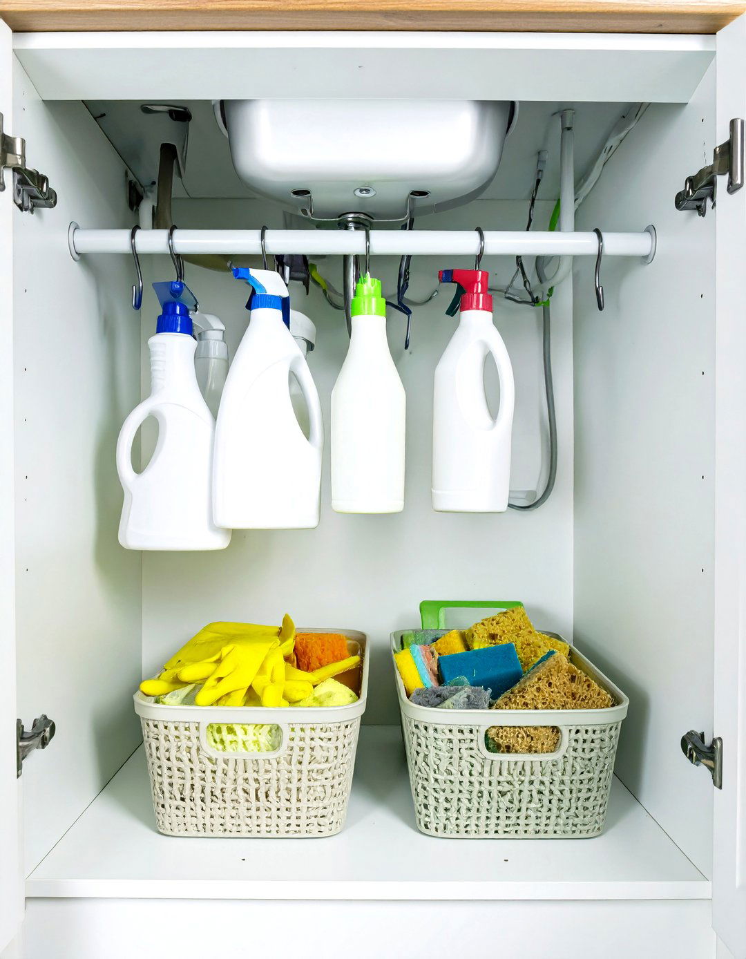 Tension Rods for Under Sink Storage - 30 small kitchen organization ideas