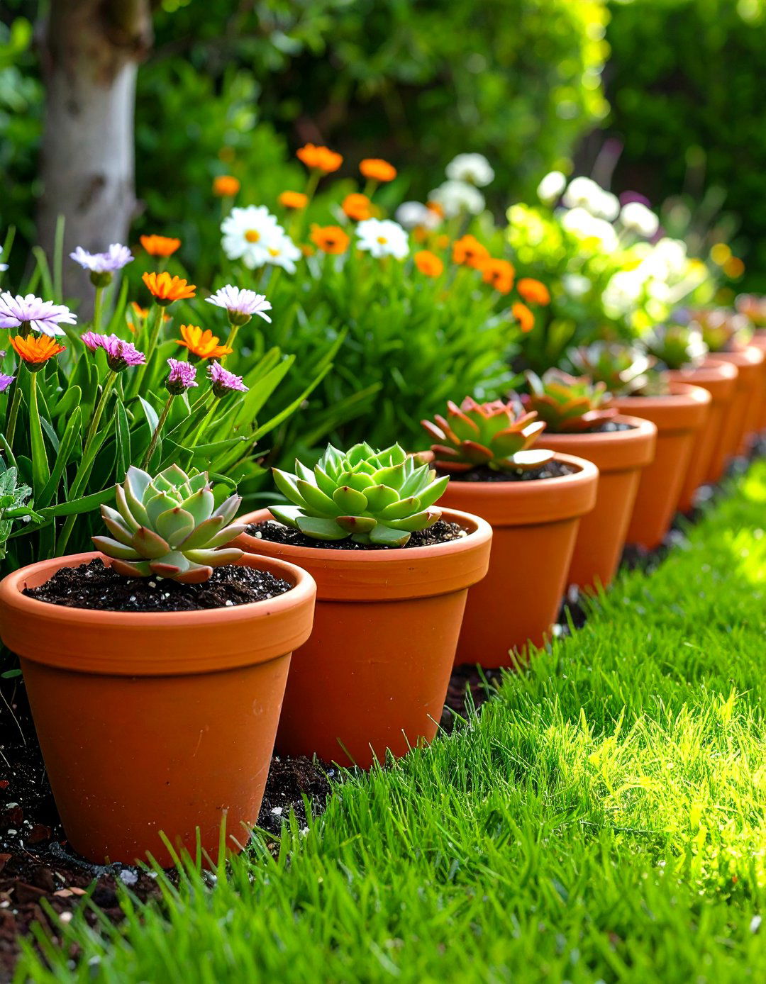 Terra Cotta Pot Lawn Edging - 30 lawn edging ideas