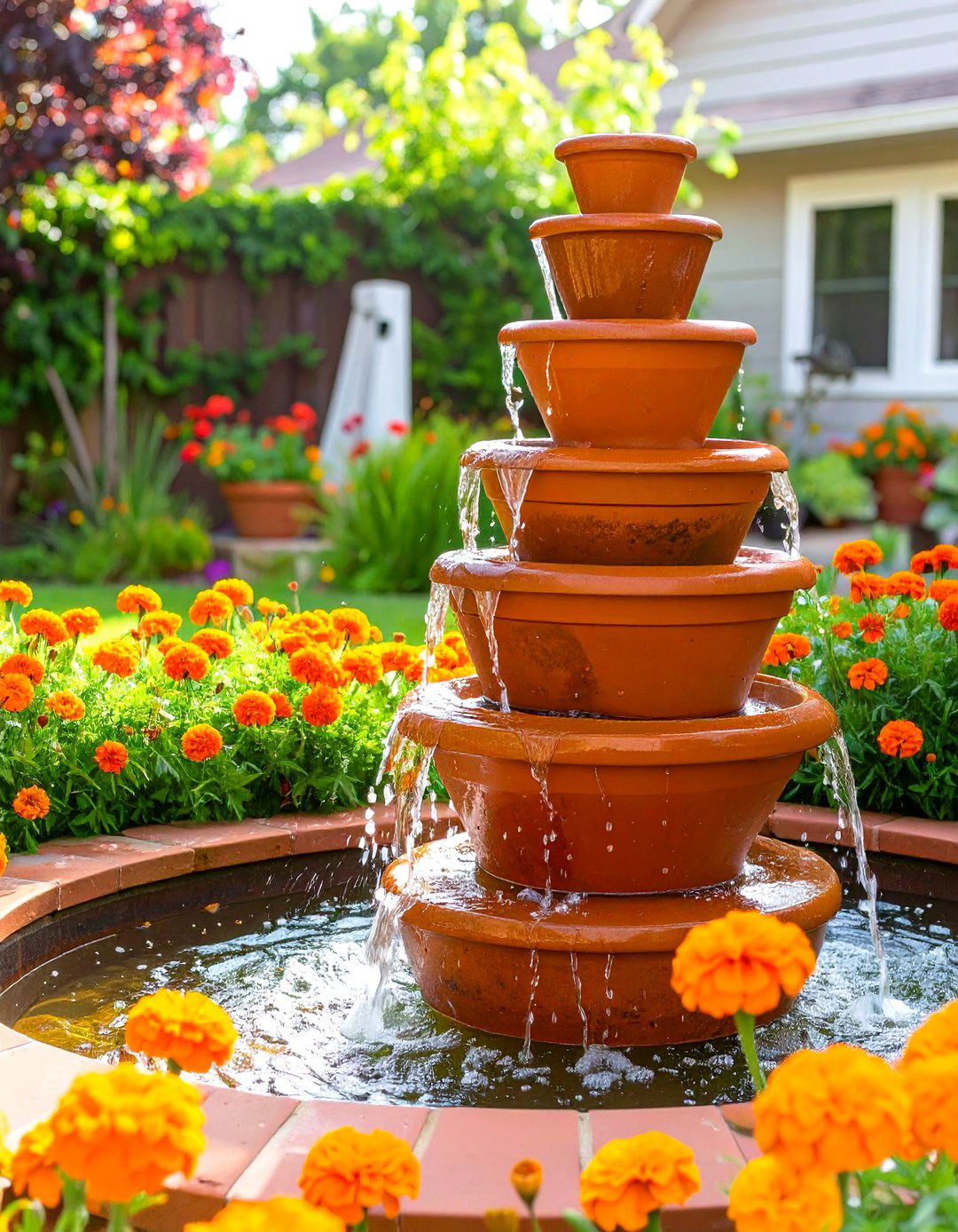Terra Cotta Pot Tower Front Yard Fountain - 30 small front yard fountain ideas