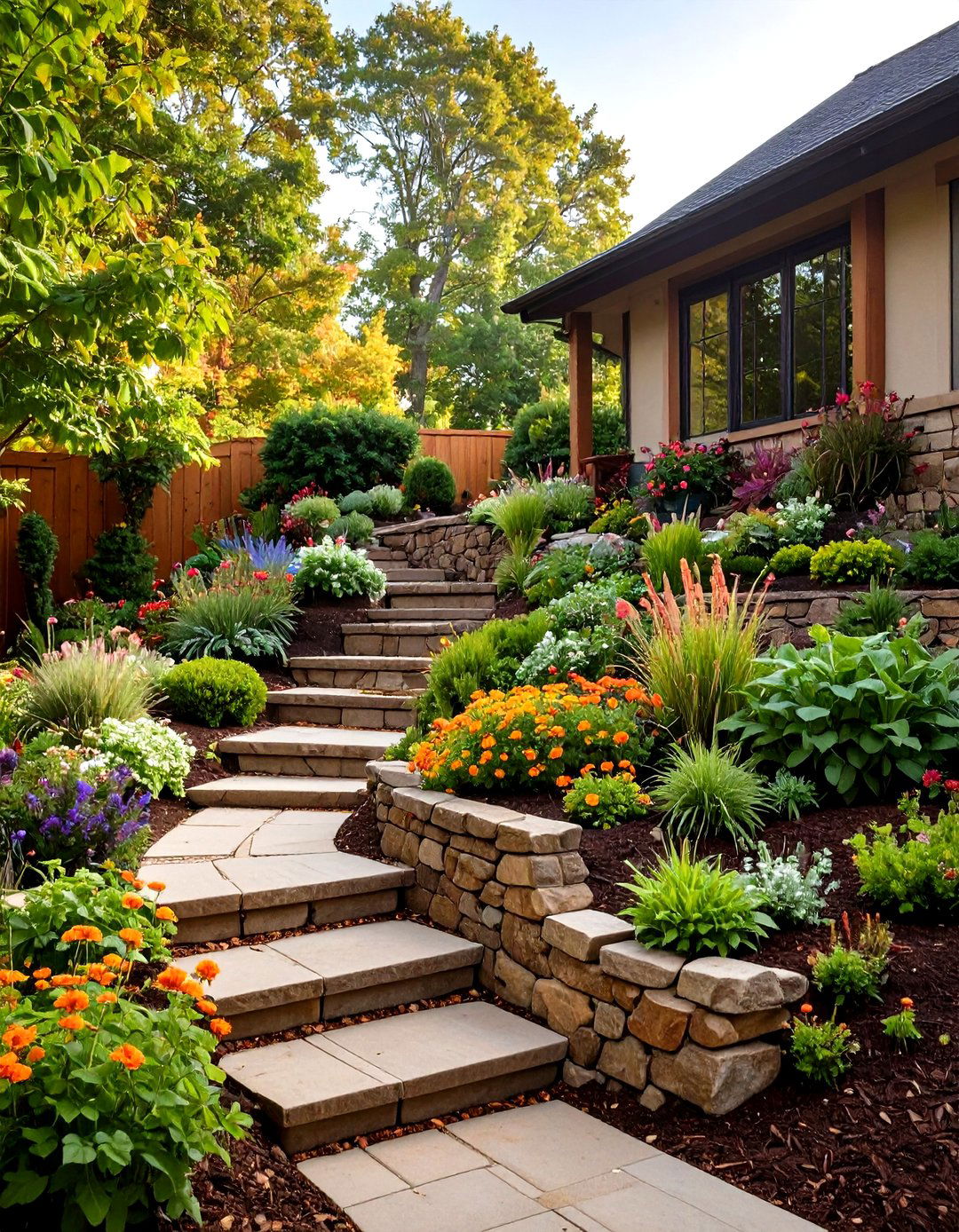 Terraced Mulch Beds on a Slope - 30 front yard mulch ideas
