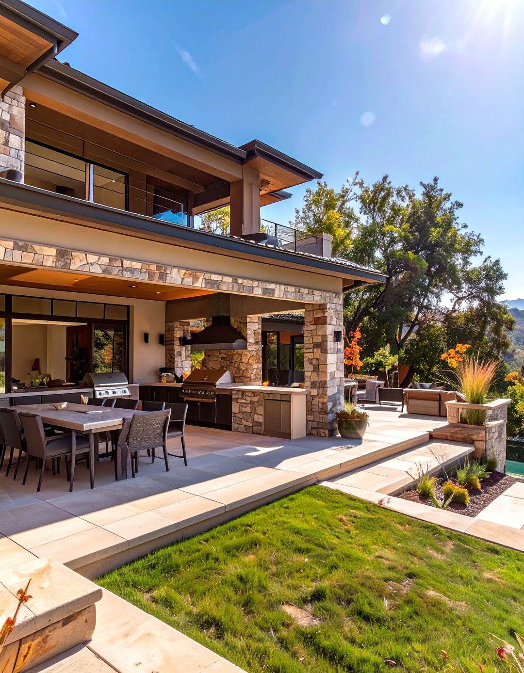 Terraced Patio with an Outdoor Kitchen - 30 sloped backyard landscaping ideas