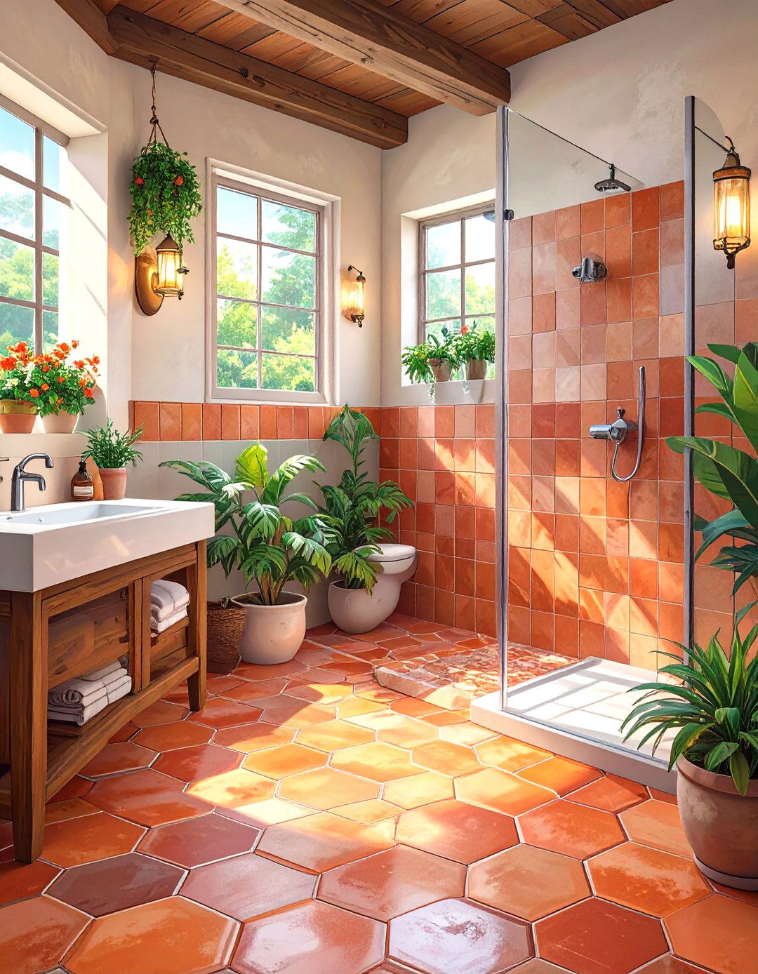 Terracotta Hexagon Shower Floor Tiles - 30 shower bathroom tile ideas