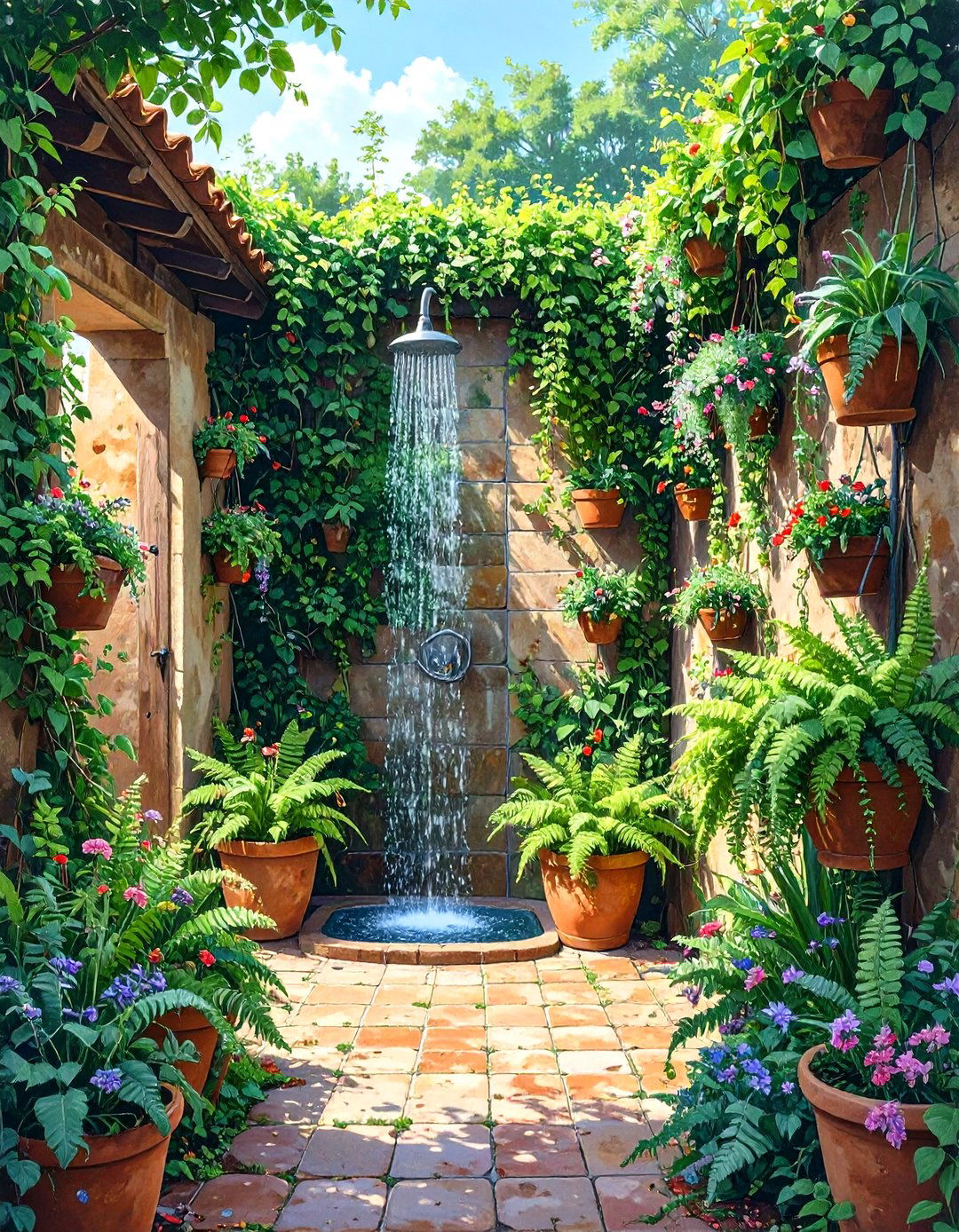 Terracotta Pot and Plant Wall - 30 rustic outdoor shower ideas