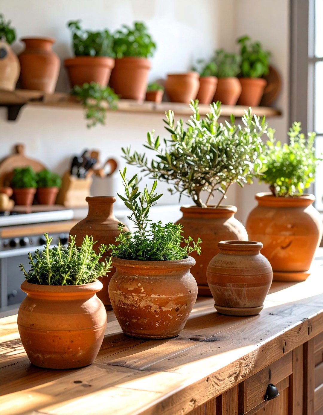 Terracotta Pottery and Planters in a Tuscan Kitchen - 30 tuscan kitchen design ideas