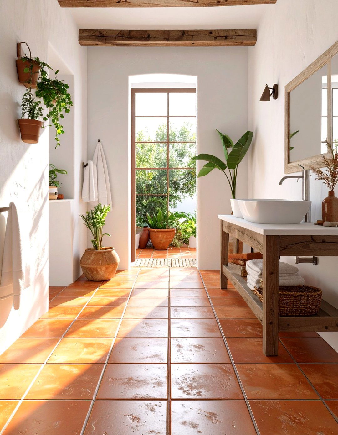 Terracotta Tiled Bathroom Floor for a Rustic Feel - 30 tiled bathroom ideas