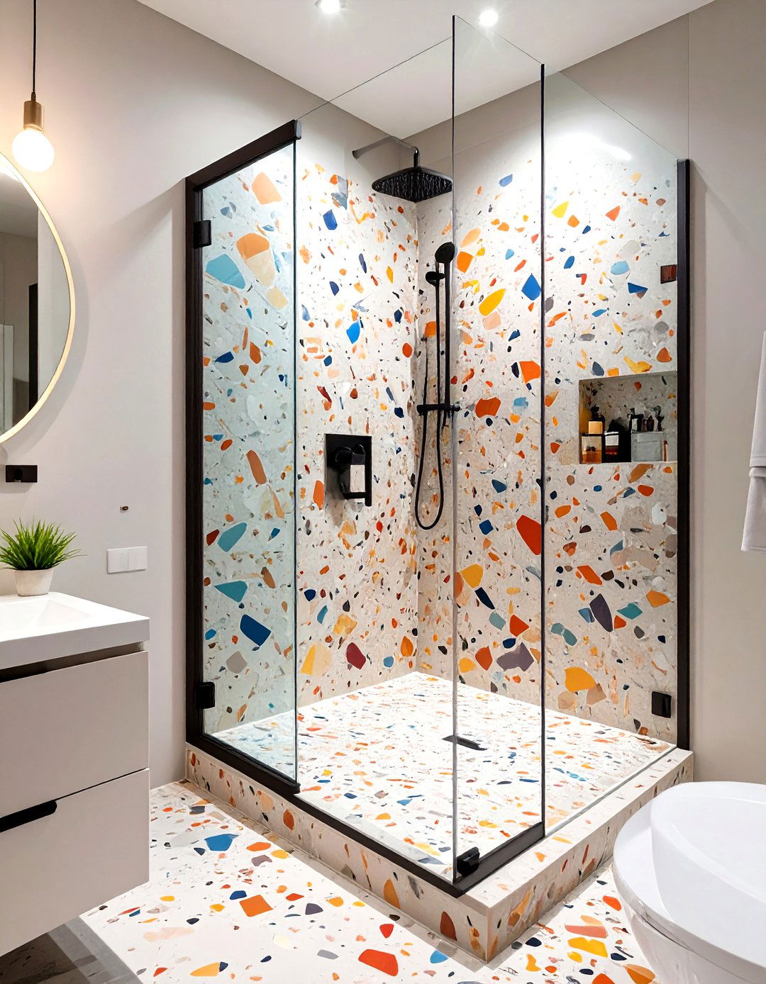Terrazzo Wall and Floor Shower - 30 corner shower ideas