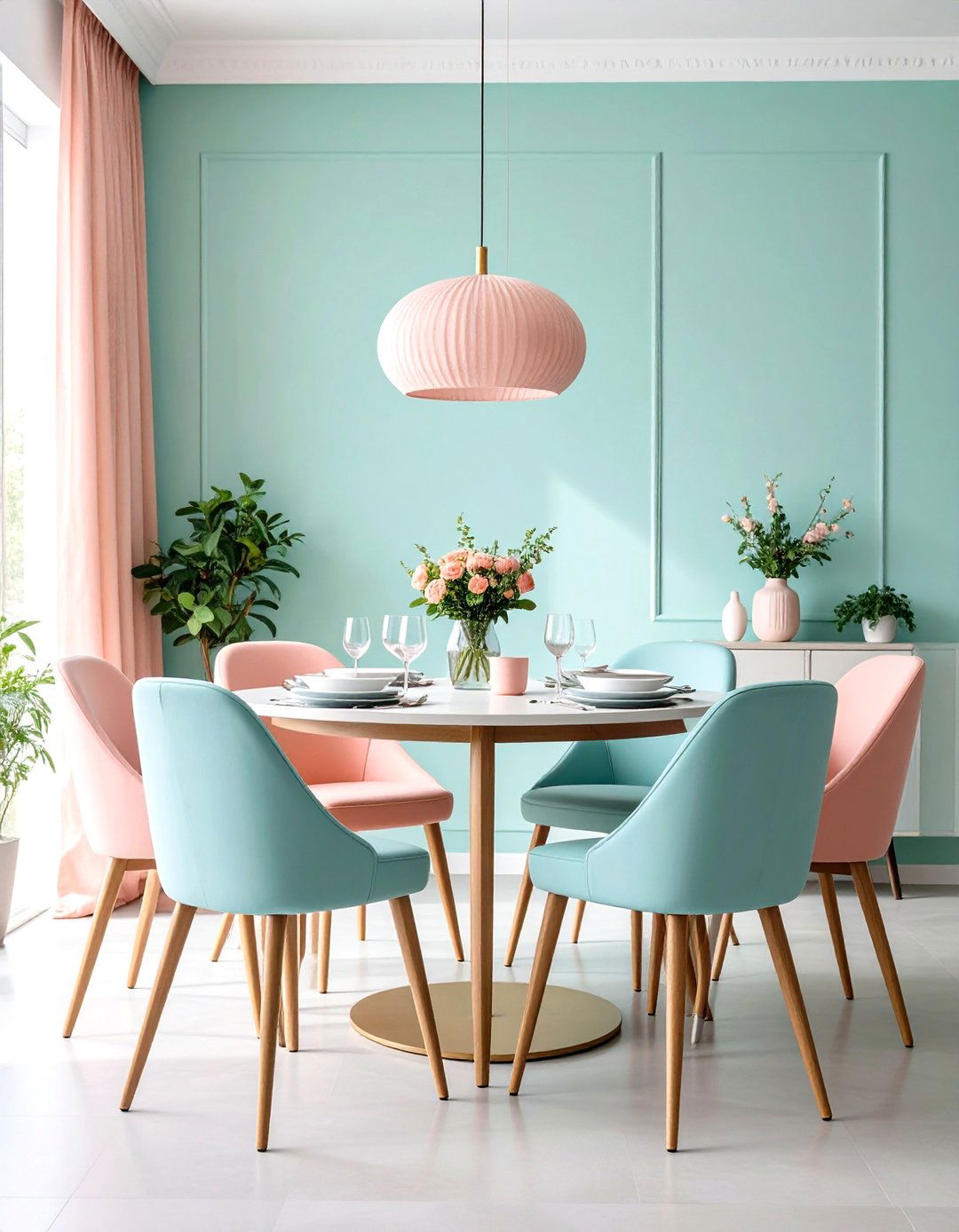 Tetradic Pink Orange Green and Blue Pastel Dining Area - 30 interior design color wheel ideas