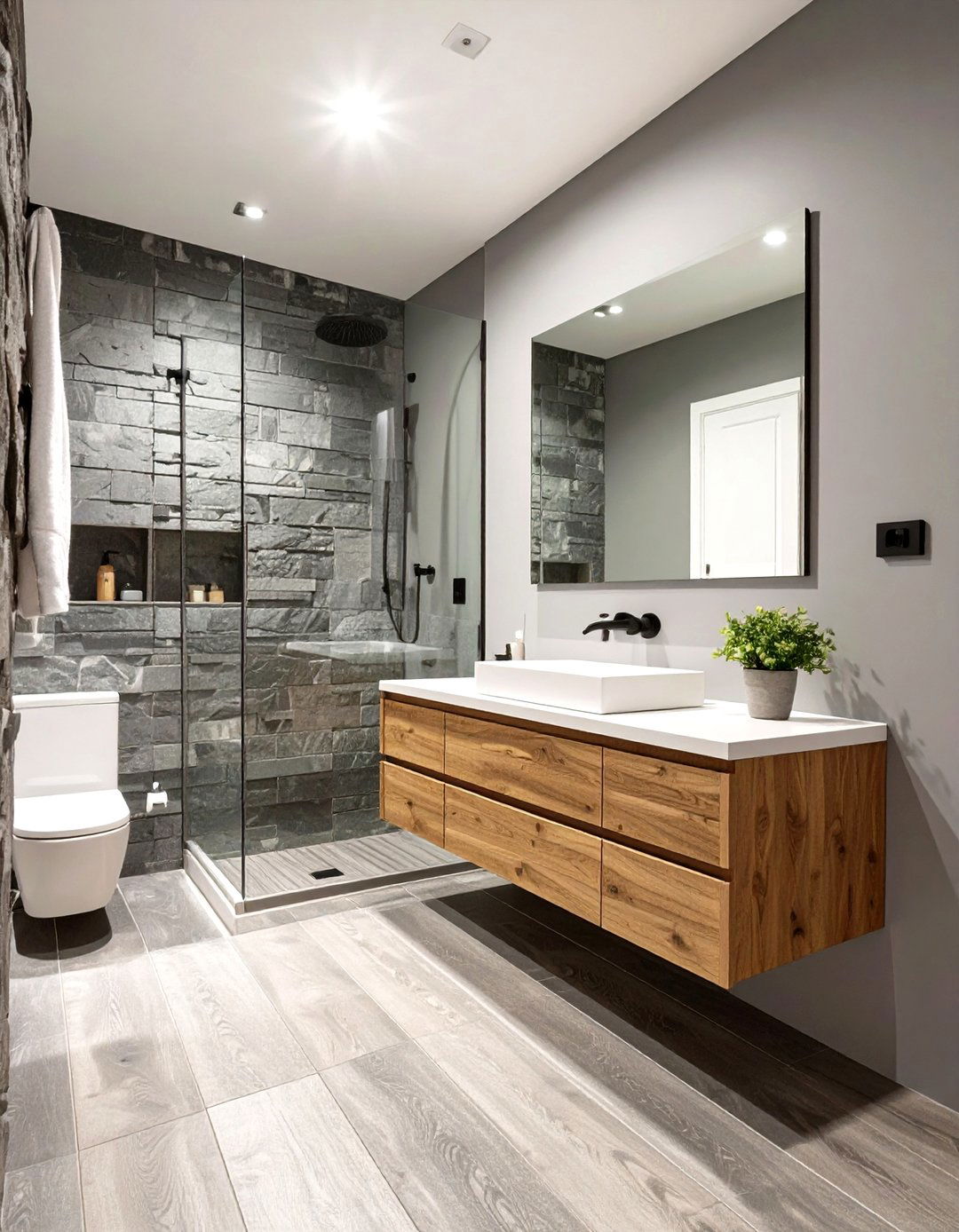 Textured Slate Wall Bathroom - 30 grey modern small bathroom designs