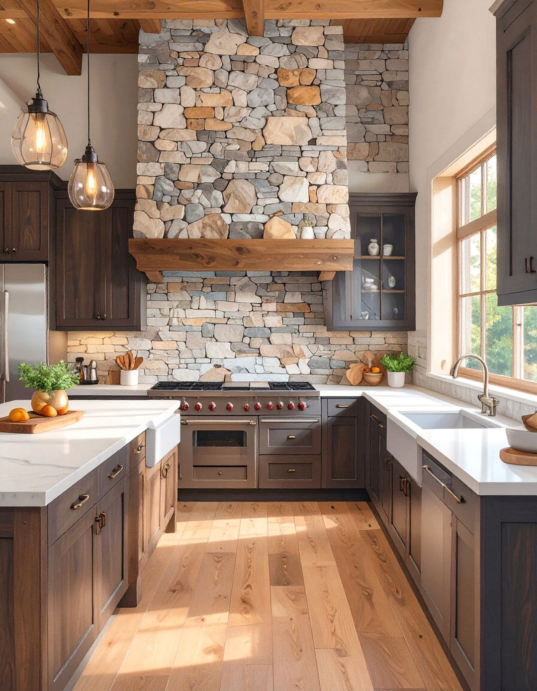 Textured Stacked Stone Backsplash - 30 backsplash ideas for dark cabinets and light countertops
