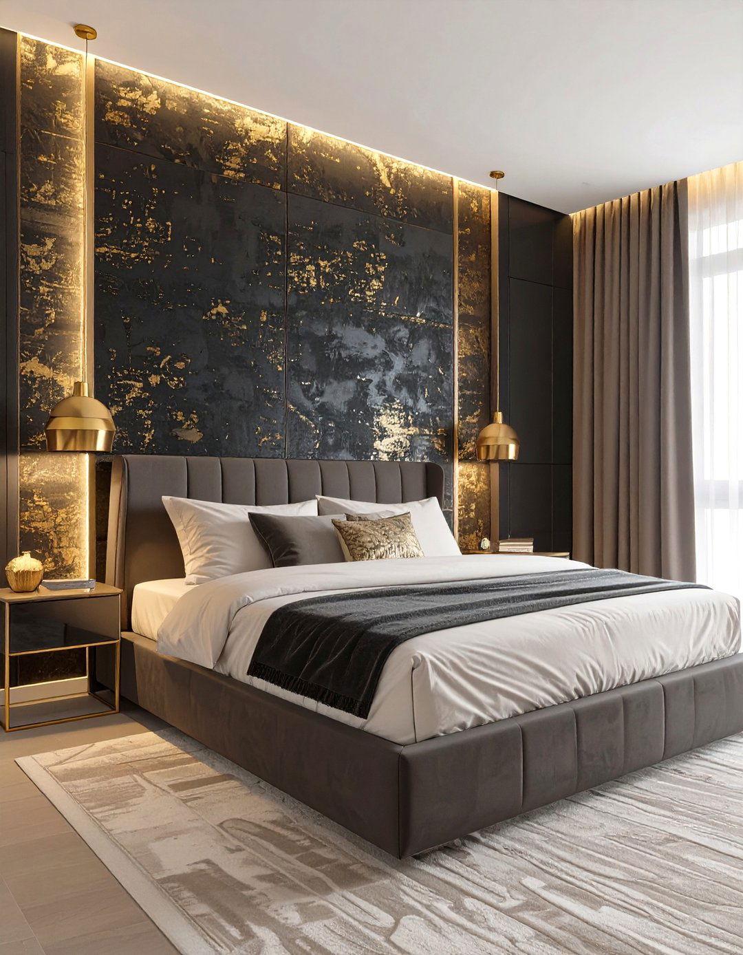 Textured Walls in a Black and Gold Bedroom - 30 black and gold bedroom ideas