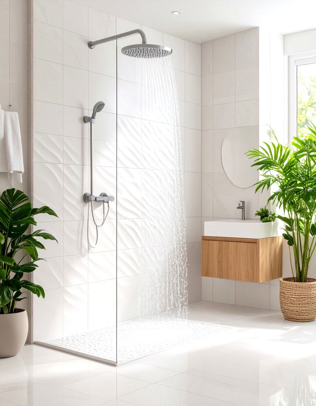 Textured Wave Pattern Tile Shower - 30 large tile shower ideas