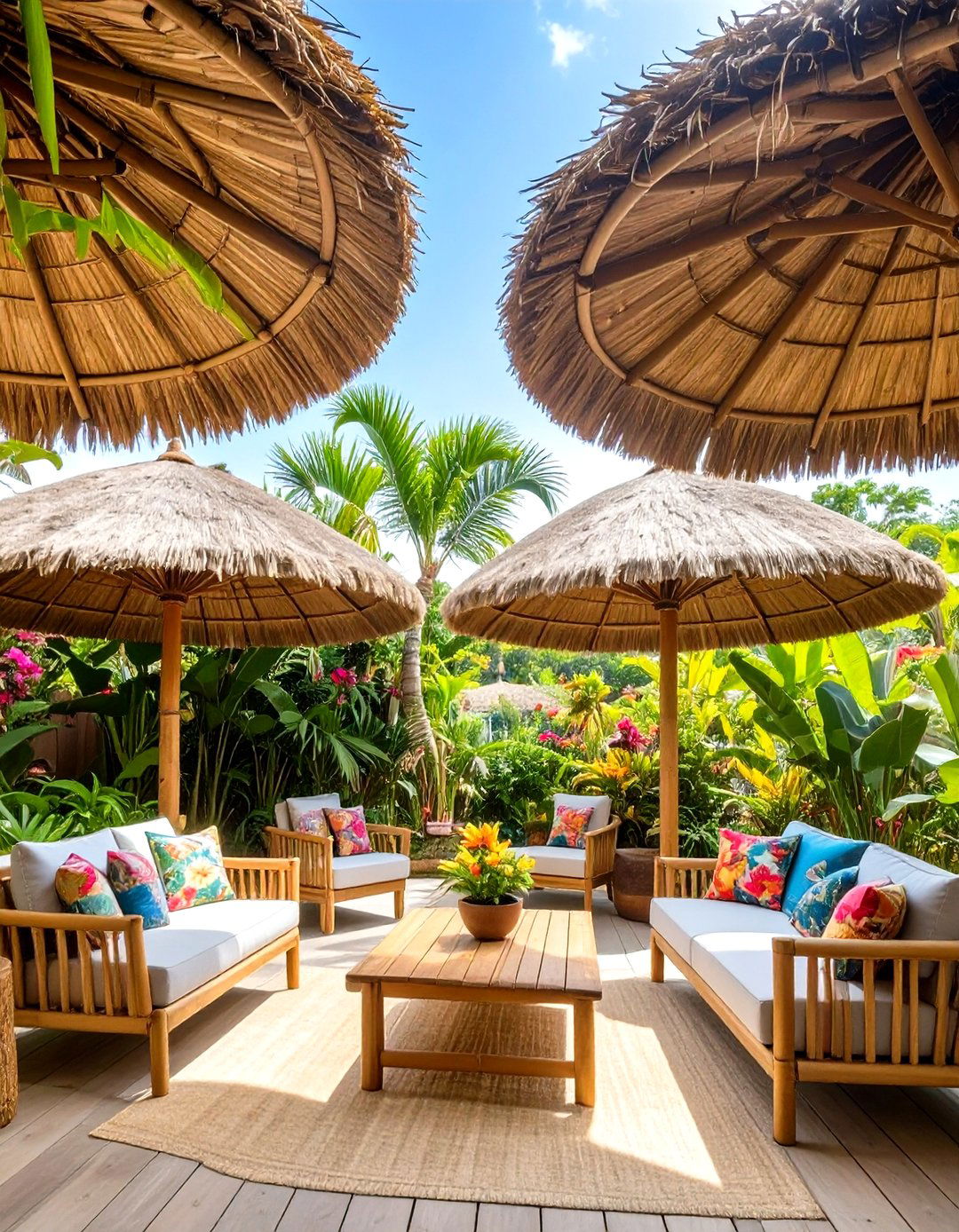 Thatched Umbrella Cluster Roof - 30 cheap patio roof ideas