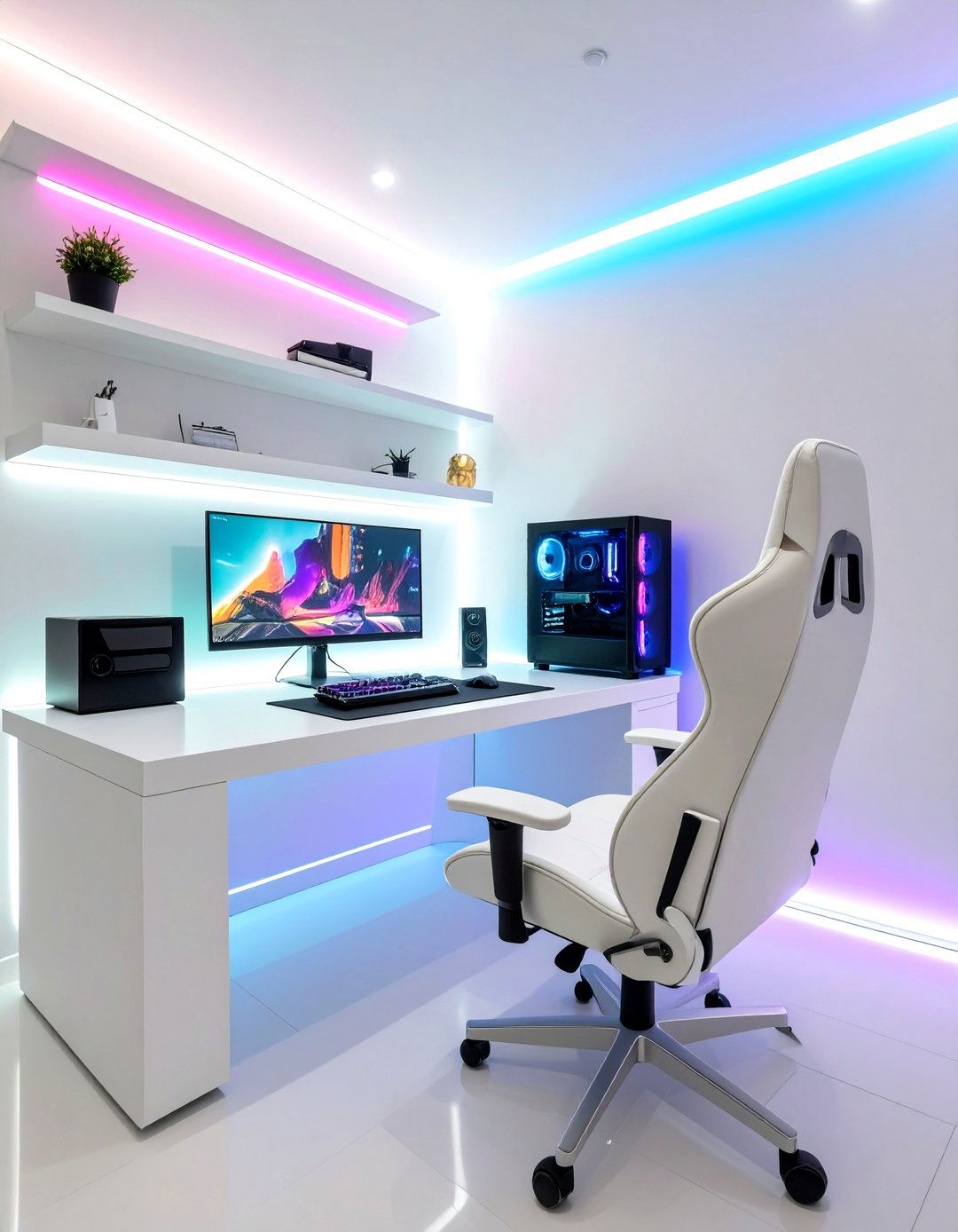 The All White Gaming Setup - 30 game room decor ideas
