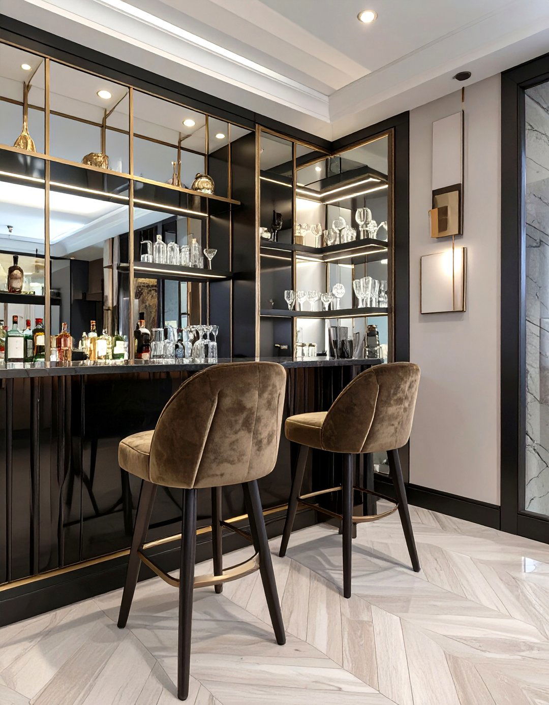 The Art Deco Bar Nook with Mirrored Backsplash - 30 modern art deco interior design ideas