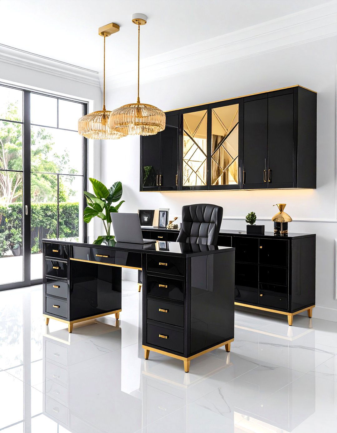 The Art Deco Inspired Office with Mirrored Doors - 30 home office storage ideas
