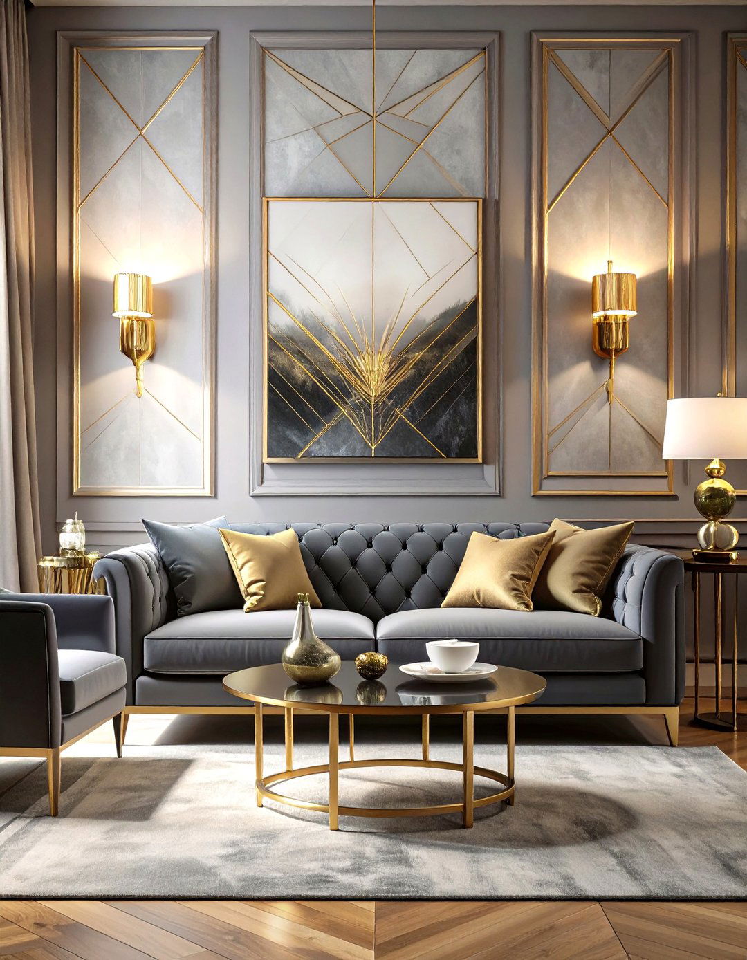 The Art Deco Living Room - 30 dark grey couch living room ideas