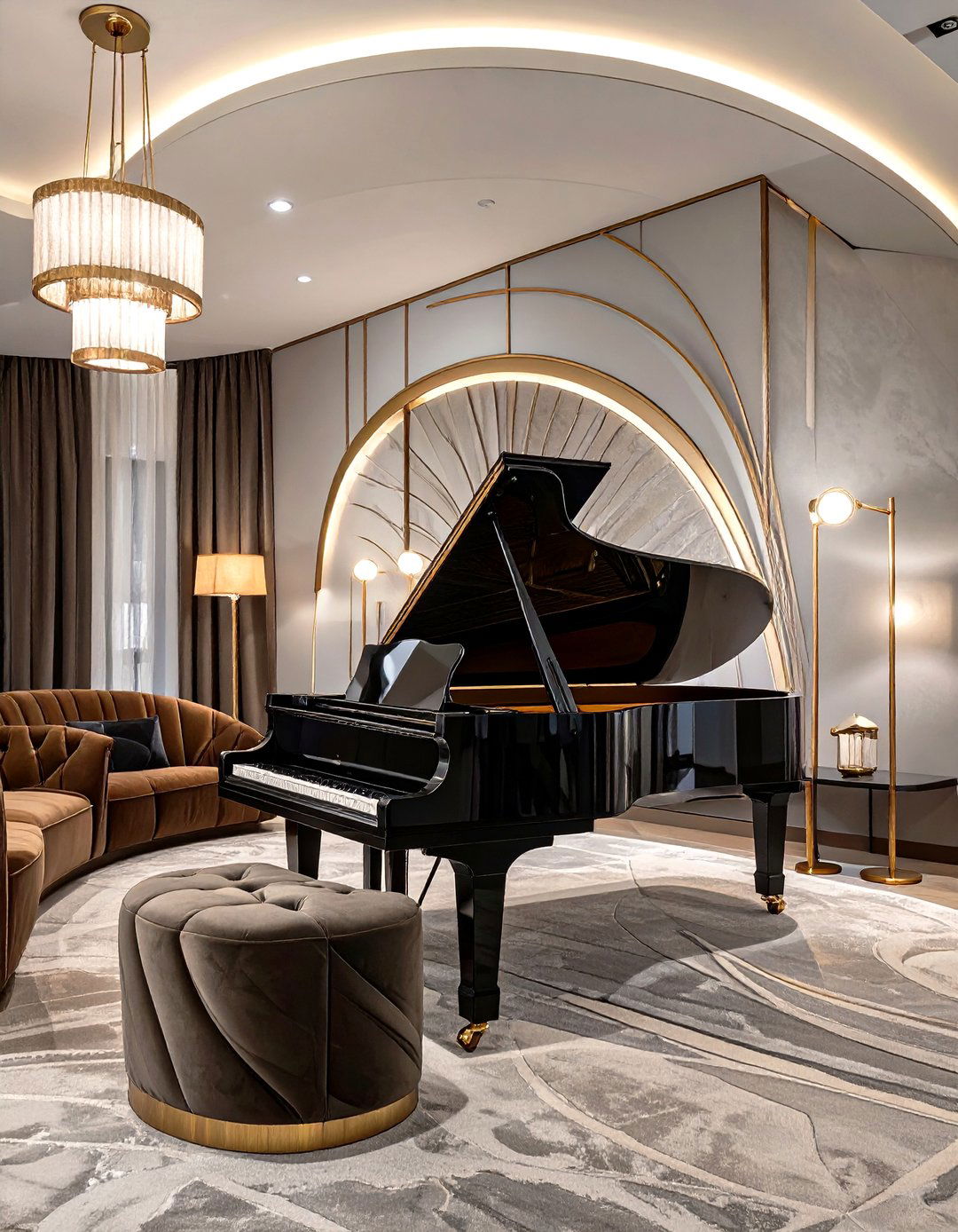 The Art Deco Music Room with Velvet Seating - 30 modern art deco interior design ideas