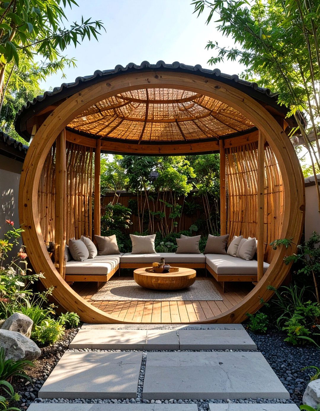 The Asian Inspired Moon Gate Arbor - 30 inexpensive covered patio ideas