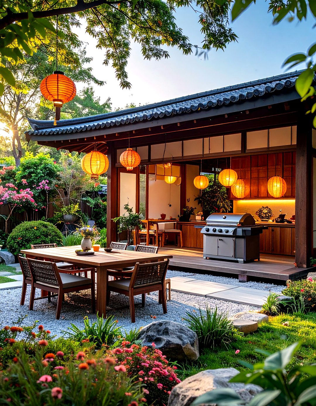 The Asian Inspired Teahouse Kitchen - 30 backyard covered outdoor kitchen ideas