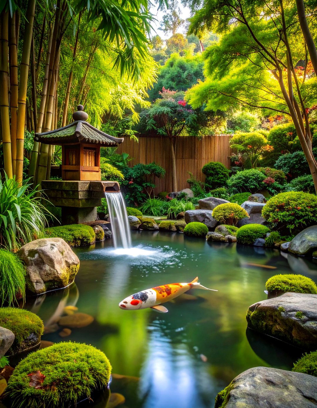 The Asian Style Bamboo Fountain Pond - 30 backyard koi pond ideas