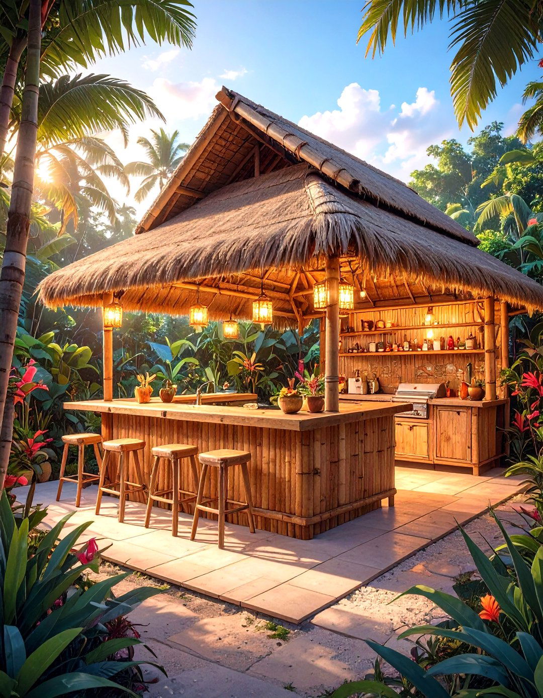 The Bamboo Tiki Bar Kitchen - 30 inexpensive covered outdoor kitchen ideas