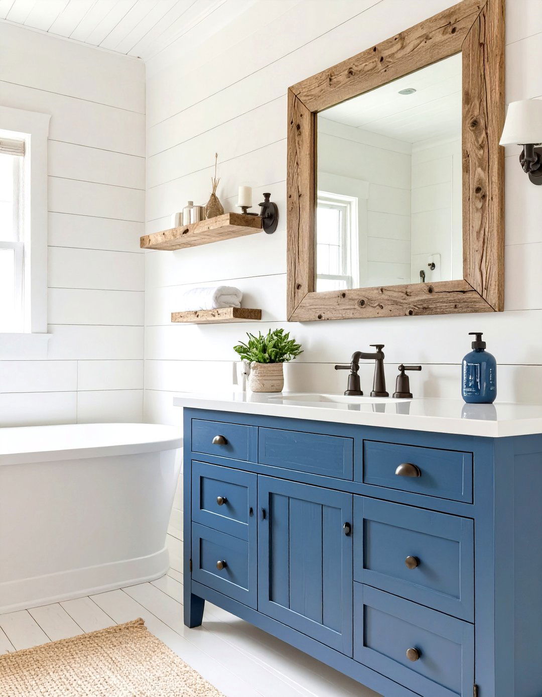 The Beach House Bathroom with Weathered Finishes - 30 navy blue vanity bathroom ideas