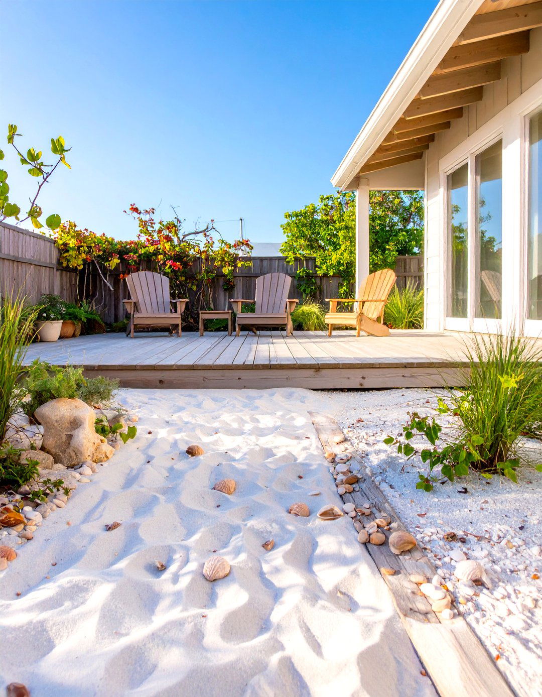 The Beach Themed Hardscape with Sand and Shells - 30 low maintenance florida landscaping ideas