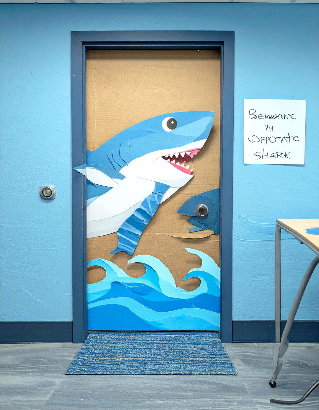 The Beware of Office Shark Door - 30 office funny  door decorating contest ideas