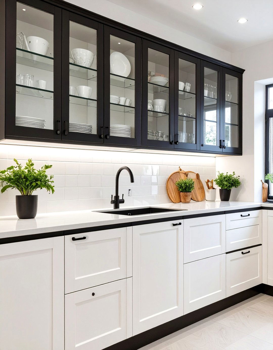 The Black Framed Glass Cabinet Kitchen - 30 black and white kitchen ideas