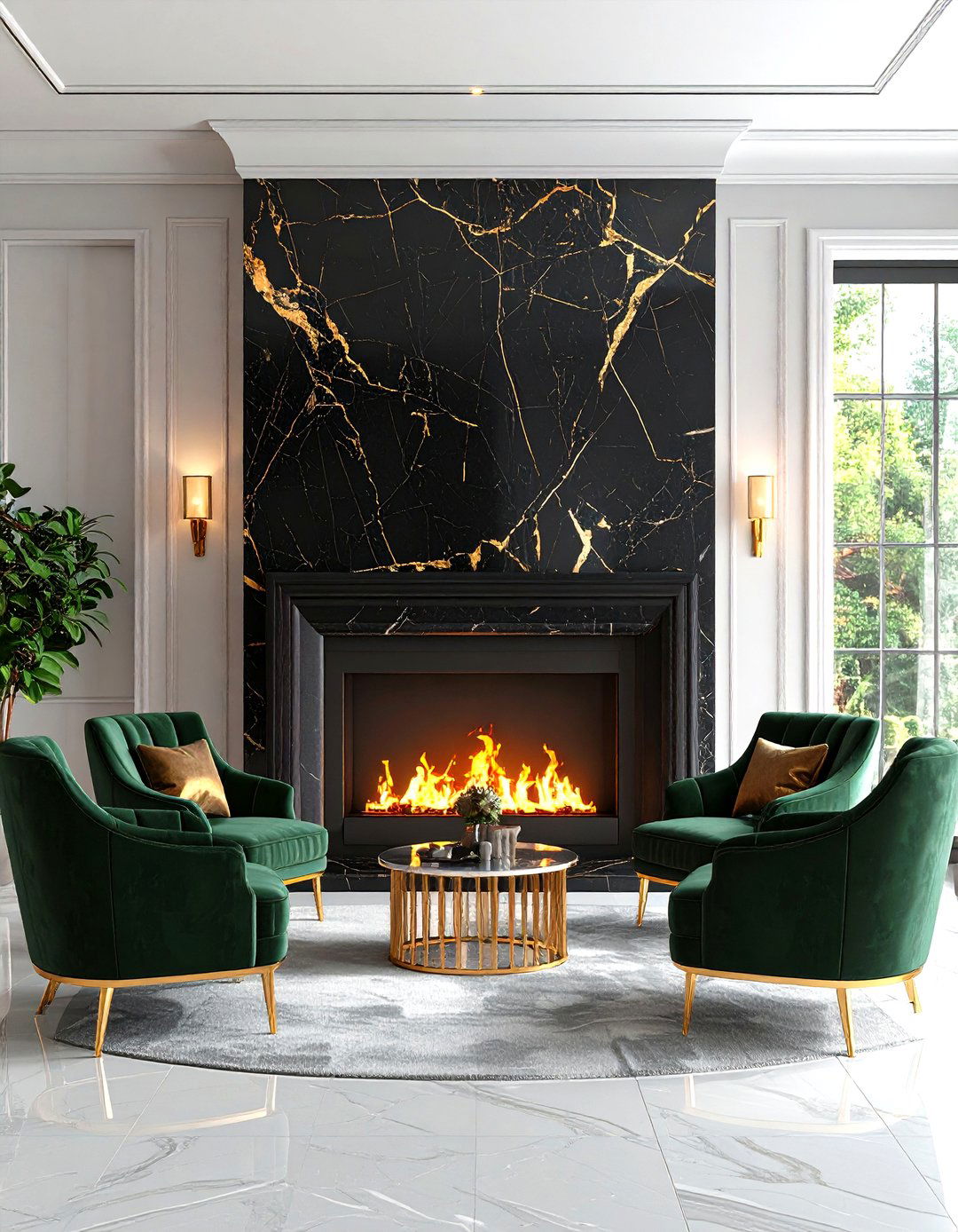 The Black Marble Statement Fireplace Wall - 30 living room modern fireplace ideas